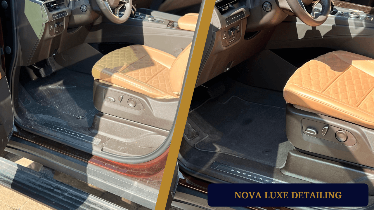 A vehicle interior before and after a full detail